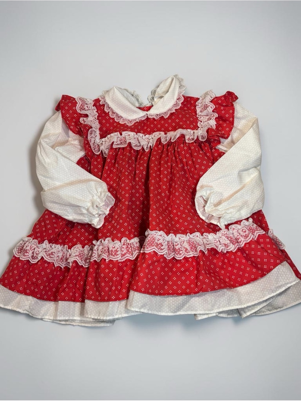 Red Lace-Trimmed Long Sleeve Girls Dress